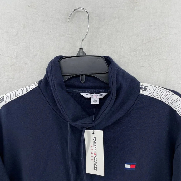 Tommy Hilfiger Sweatshirt Womens XS Navy Blue Mock Neck Ribbed Trim Drawstring - Picture 6 of 11